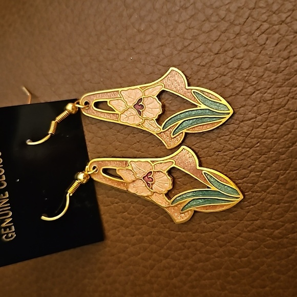 Vintage 1970s Cloisonne Floral Iris Long Dangle Hook Art Deco Earrings - Picture 2 of 5